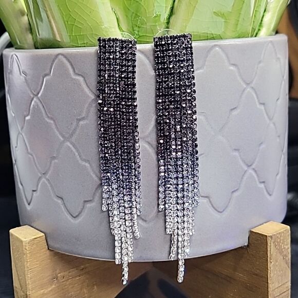 Ombre Black, Navy, White Rhinestone Dangle Earrings - Picture 3 of 7